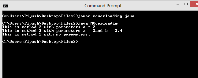 This image describes the output of the sample program for method overloading in java.